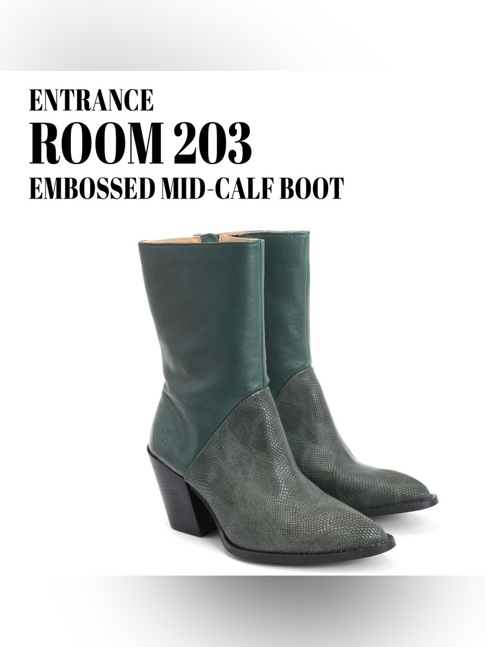 Fluevog EXCELLENT Entrance Room 203 green embossed zip mid-calf heeled boot -8.5